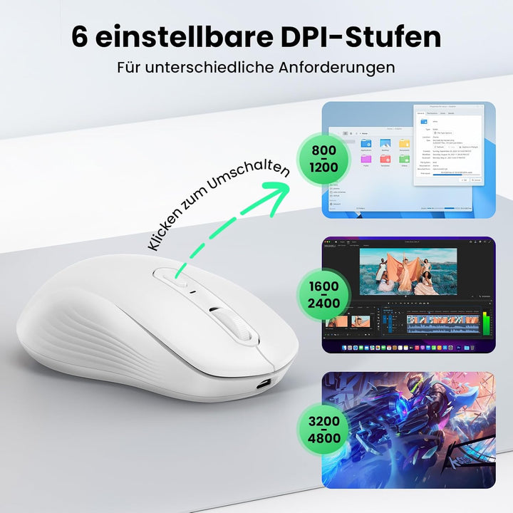 TECKNET Bluetooth Maus, PC Maus Kabellos, Wiederaufladbar Computer Maus 4800 DPI, (BT 5.0/3.0+2.4 GH