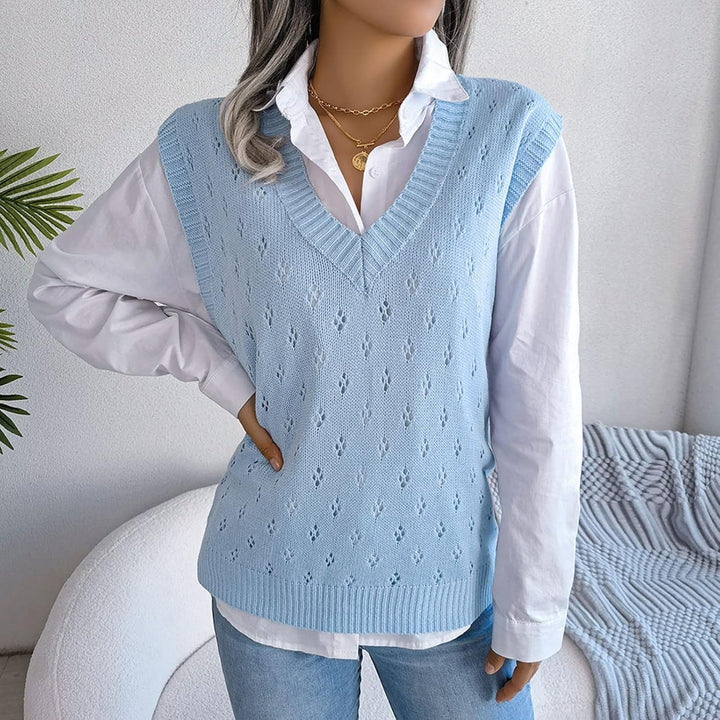 Ärmellose Strickweste für Damen, V-Ausschnitt, College-Pullover, Übergrösse Blau S, Blau S