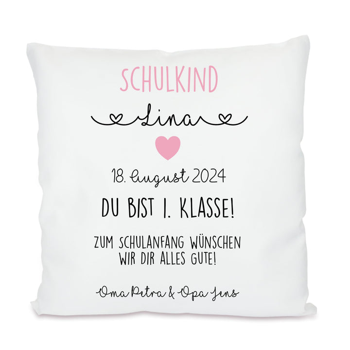 Geschenk zur Einschulung für Schulanfänger - Kissen mit Name und Einschulungsdatum des Erstklässlers