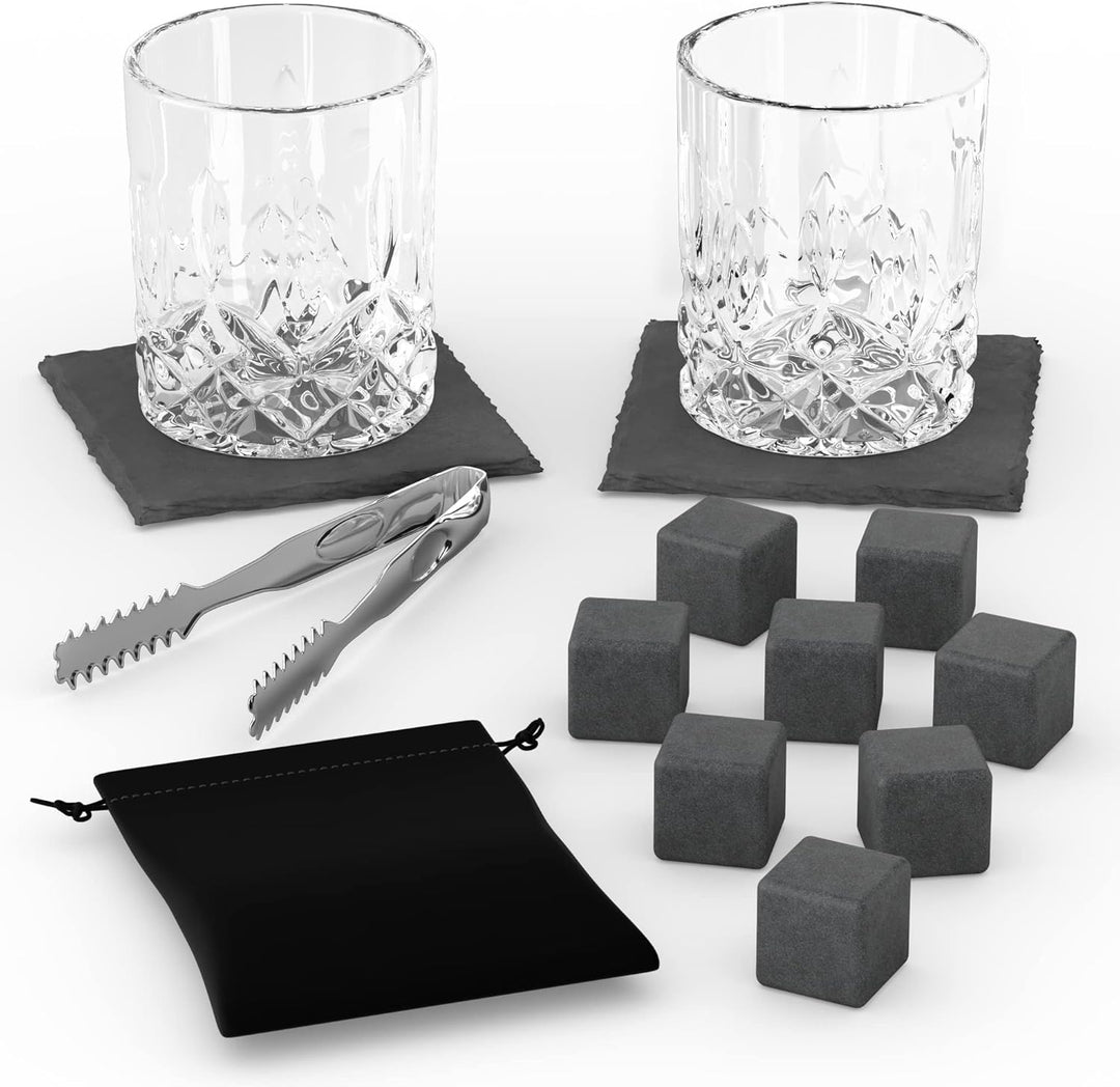 Twhisky Premium Whisky Gläser Geschenkset - 2 Whiskey Gläser Tumbler 300 ml, 8 Wiederverwendbare Whi