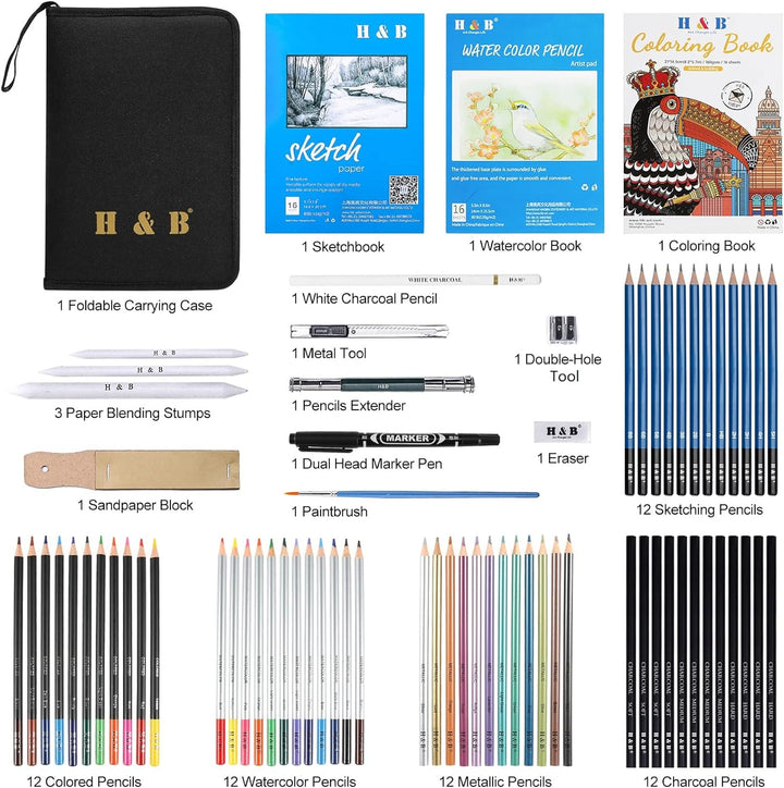75 Stück Zeichenstifte Set , Skizzierstifte Set, Zeichnung Bleistifte Werkzeug mit Skizzenbuch Geeig