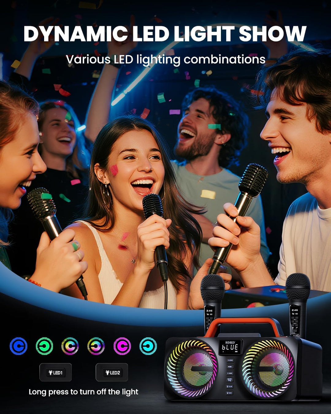Karaoke-Maschine für Erwachsene und Kinder, Tragbarer 80-W-Bluetooth-Lautsprecher – 2 Kabellose Mikr