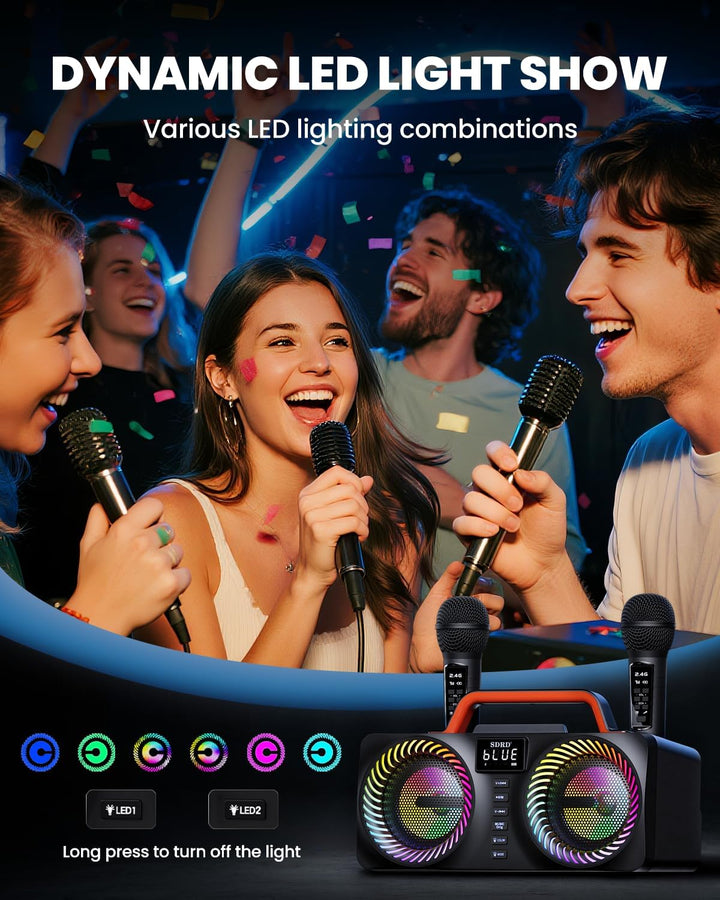 Karaoke-Maschine für Erwachsene und Kinder, Tragbarer 80-W-Bluetooth-Lautsprecher – 2 Kabellose Mikr