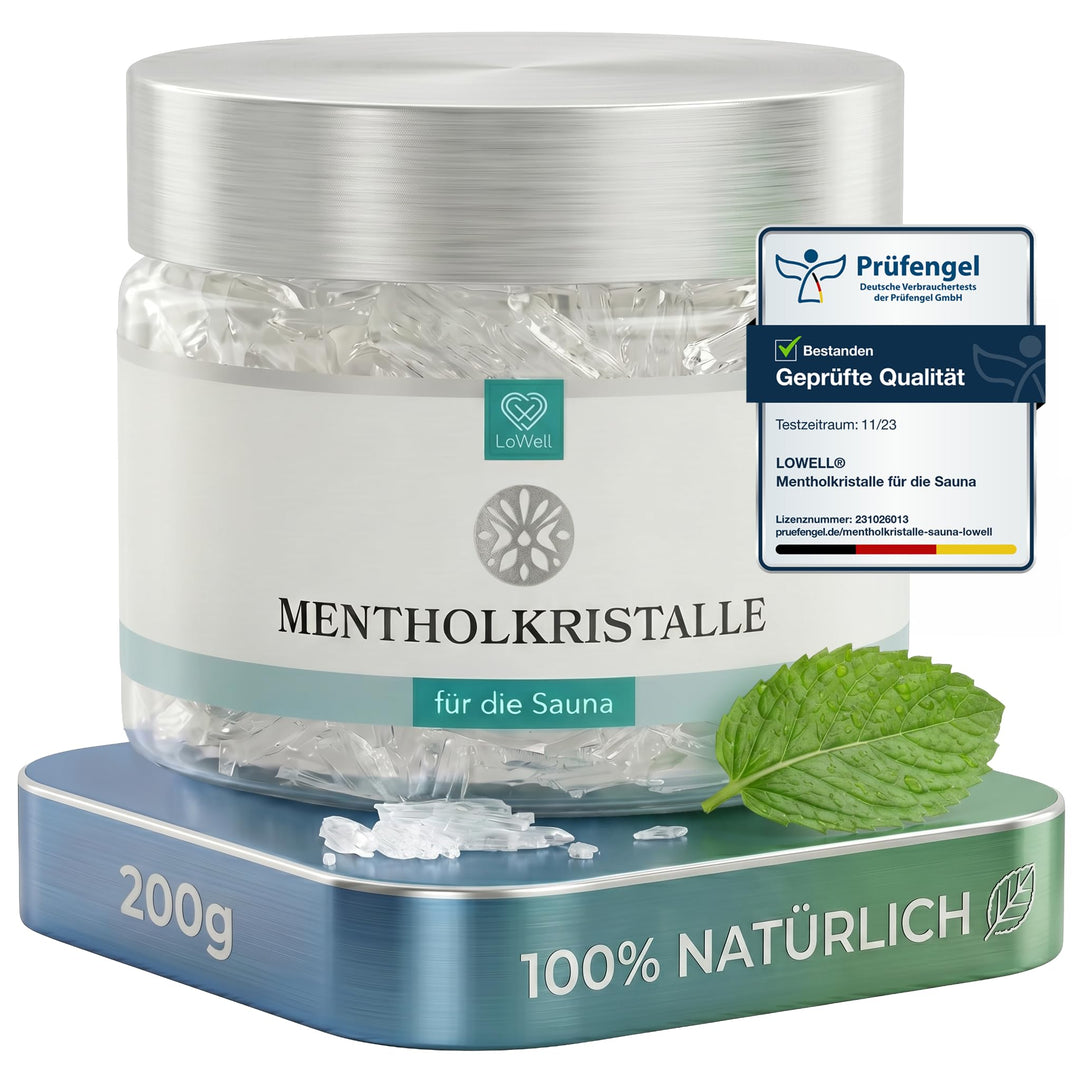 LoWell® 200g Mentholkristalle aus 100% reiner Minze - Ideal als Sauna Aufgussmittel für die Sauna in