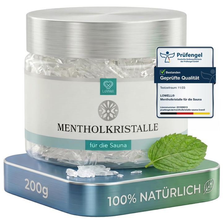 LoWell® 200g Mentholkristalle aus 100% reiner Minze - Ideal als Sauna Aufgussmittel für die Sauna in