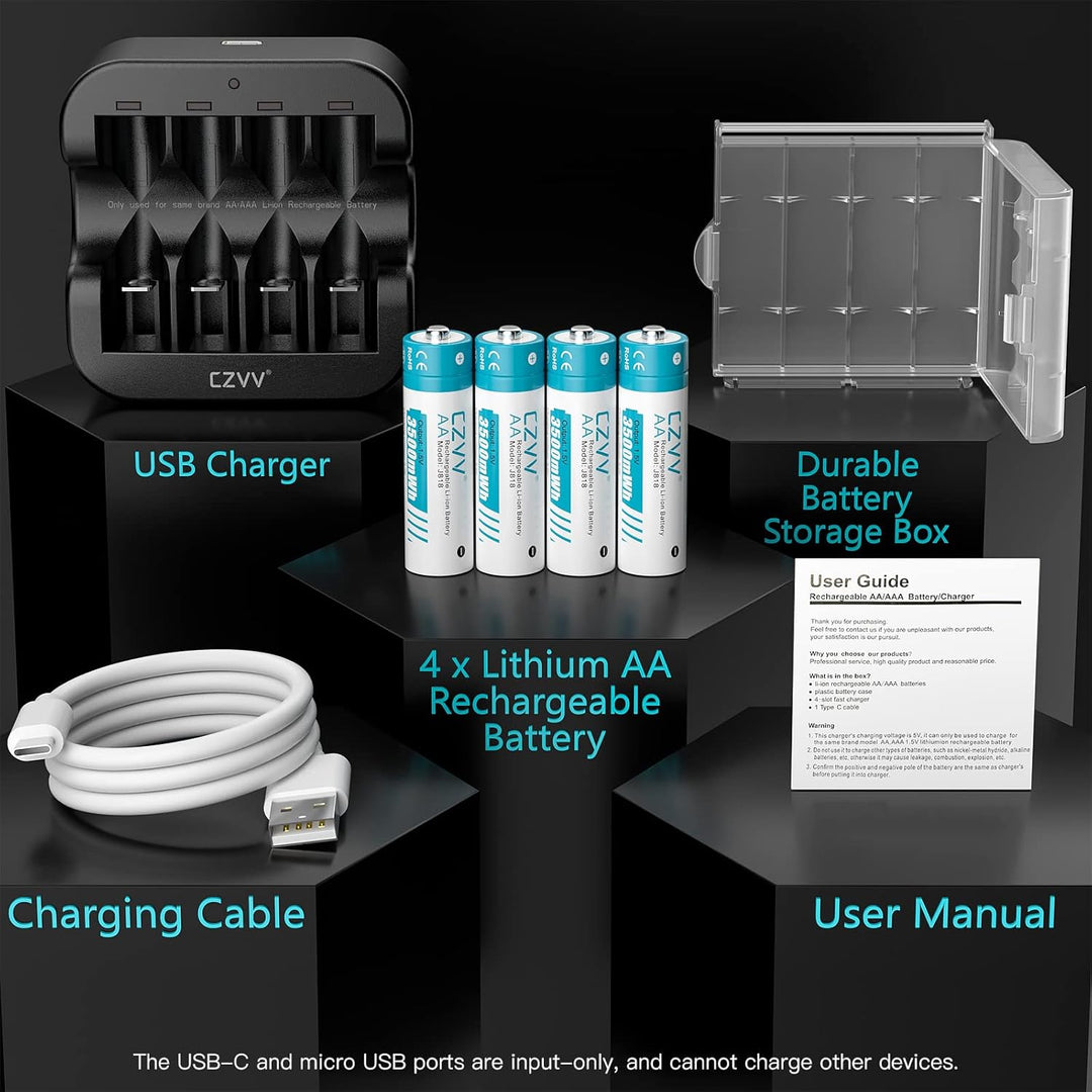 czvv Wiederaufladbare Batterien AA Lithium 1,5V - Hoher Kapazität 3500mWh - 1300 Ladezyklen - 4 Stüc
