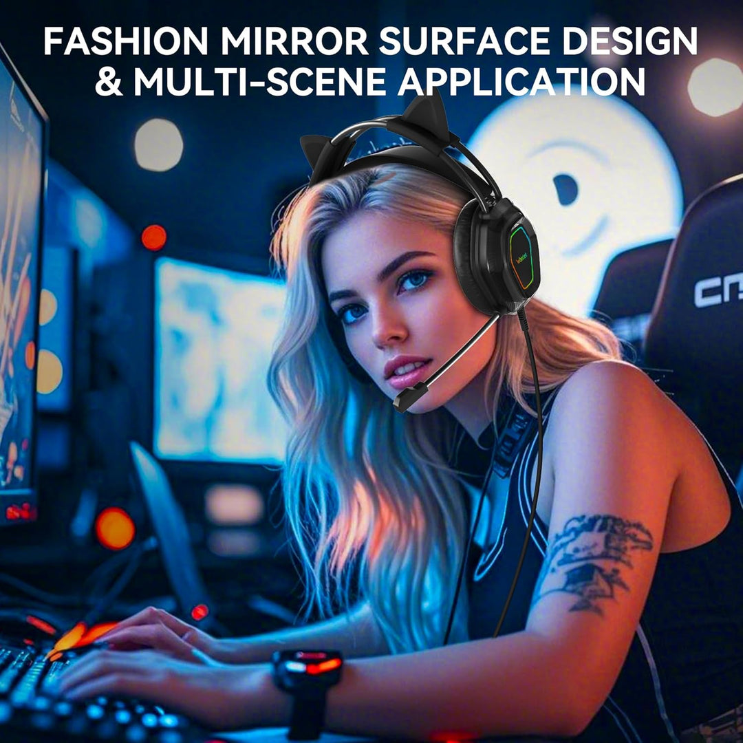 Wantak Katzenohr Kopfhörer mit Mikrofon – Kabel (3,5mm/USB) – Gaming Headset für PC/PS5/Xbox – Noise