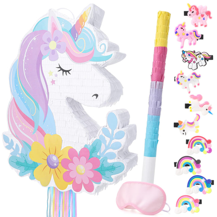 Einhorn Piñata Set mit 10 Haarspangen, Komplettes Piñata Partyspiel, Einhorn Partytüten Füller, Gast