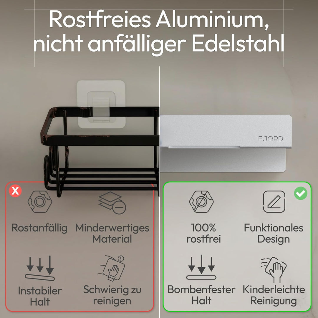 FJORD Flow Premium Duschablage ohne Bohren [Matt Silber] – Design Duschregal mit integriertem Rasier