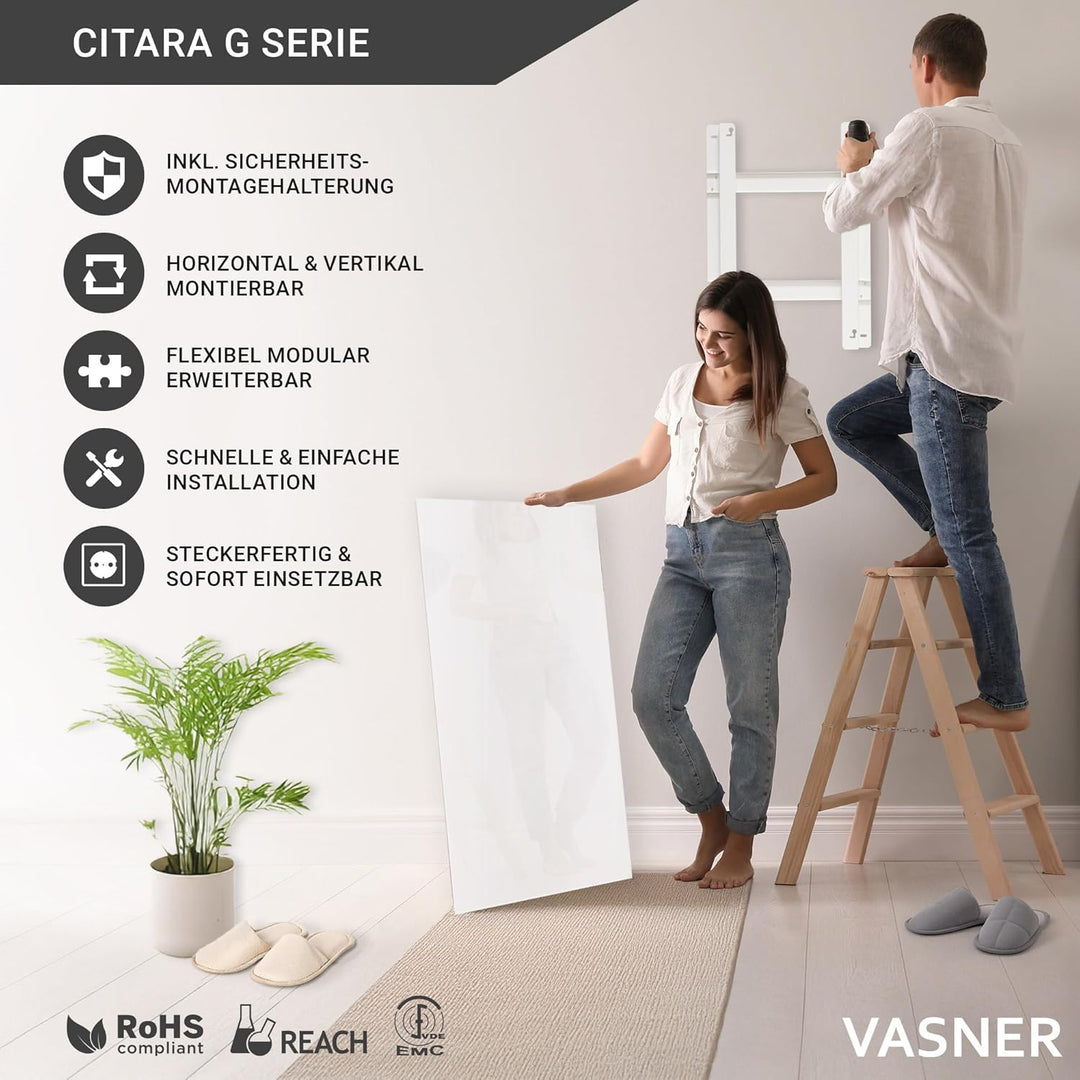 VASNER Citara G – Glas Infrarotheizung 300-900 W, Made in Germany, rahmenlose Elektroheizung Wandmon