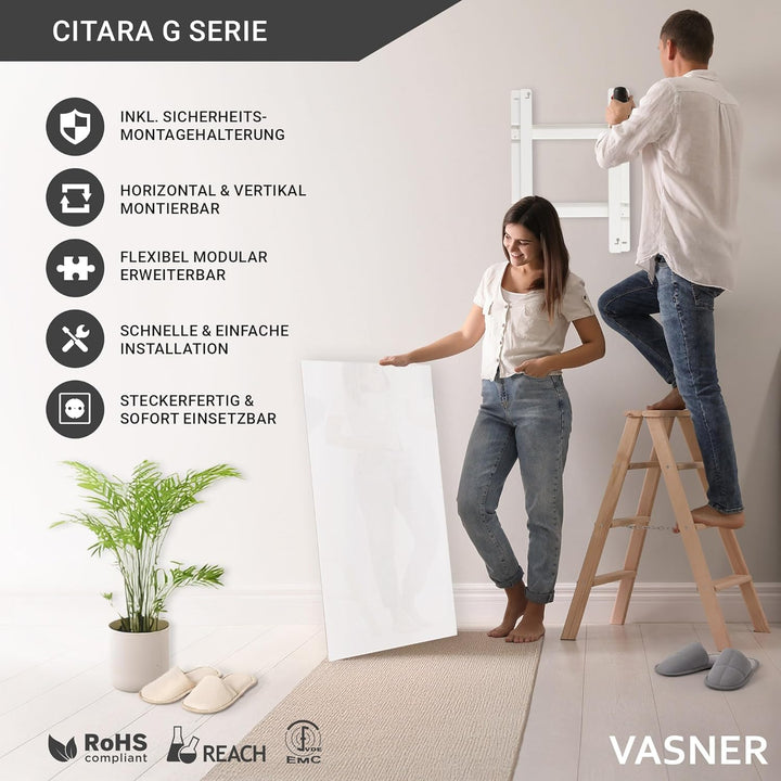 VASNER Citara G – Glas Infrarotheizung 300-900 W, Made in Germany, rahmenlose Elektroheizung Wandmon