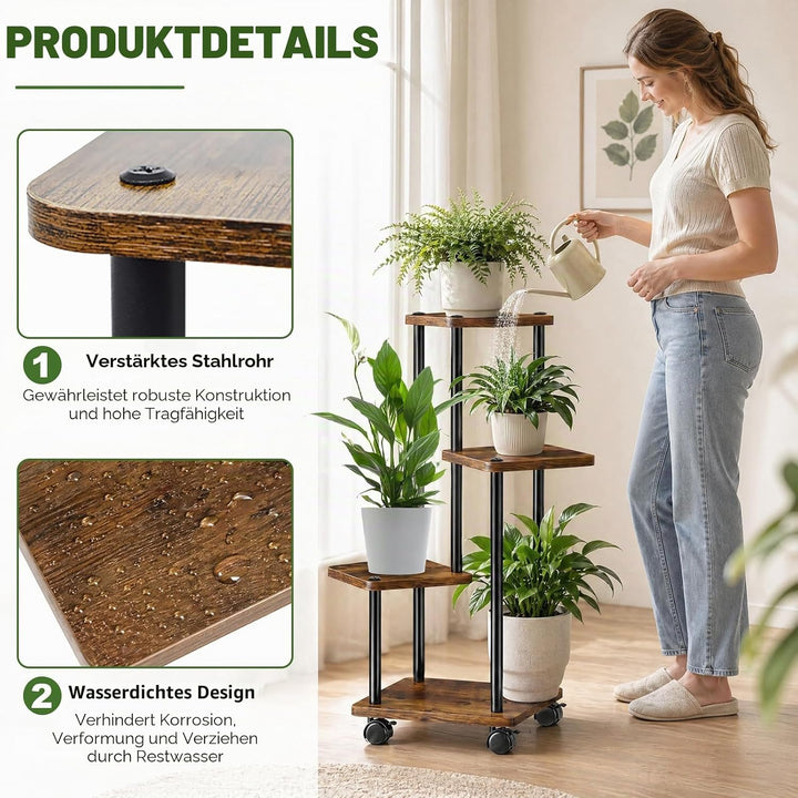 Blumenständer mit Rollen, 4 Etagen Pflanzenständer aus Metall und Holz, Platzsparend Indoor Pflanzen