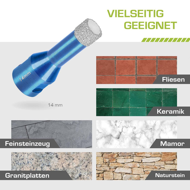 Profi Fliesenbohrer 14mm x M14 - Diamantbohrer für harte Fliesen, Feinsteinzeug uvm. Diamantbohrkron