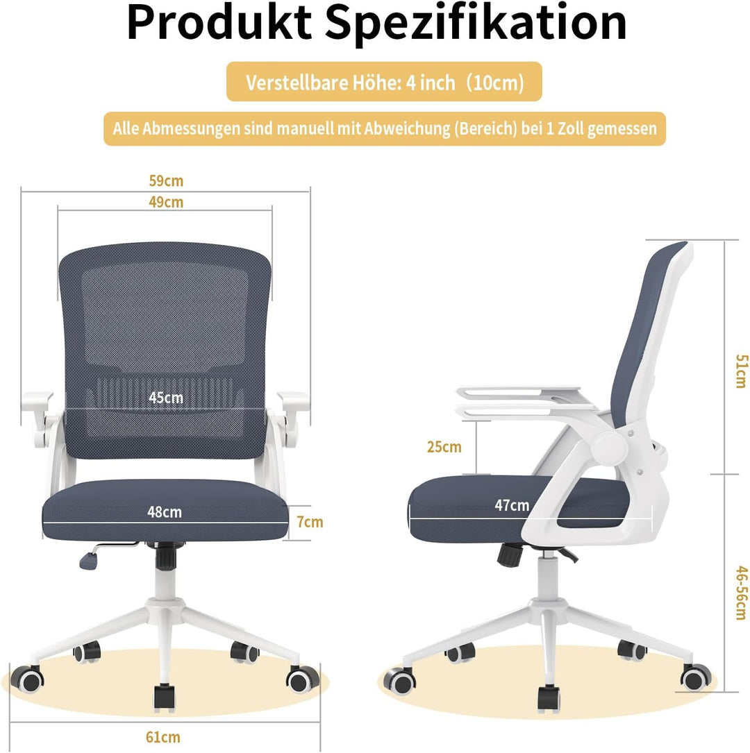 naspaluro Bürostuhl mit Hochklappbare Armlehnen, Schreibtischstuhl Ergonomisch, Drehstuhl mit Netzbe