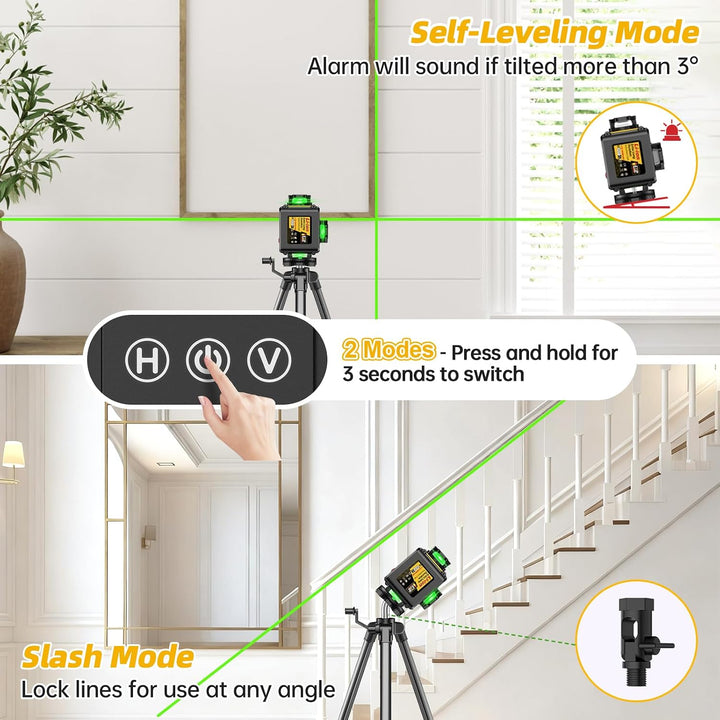 Kreuzlinienlaser mit Stativ, Laser Wasserwaage mit 2x4800mAh Batterien, 4x360 Grad Laser Level mit L
