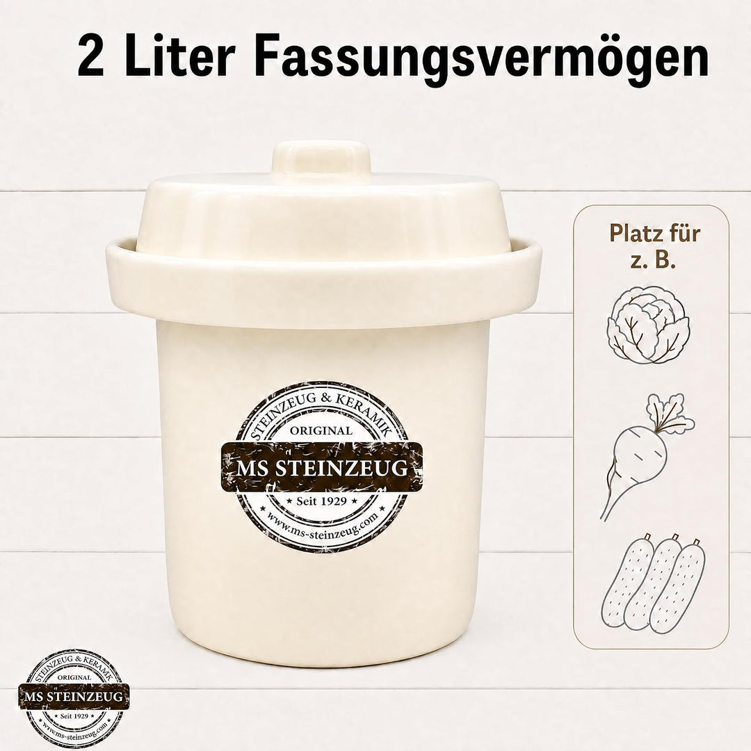 MS Steinzeug Gärtopf Mini Fermentation 2 Liter Creme weiss Milchsäuregärung Konservieren Einmachen g