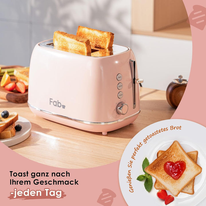 Fab by Kitchen in the box Rosa Toaster 2 Scheiben, Retro Toaster aus Edelstahl mit breiten Schlitzen
