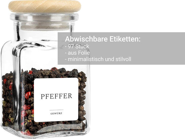 GIESSLE® 15 Gewürzgläser mit MASSIVHOLZ Deckel (ohne Leim) und 97 abwischbaren Etiketten im Set