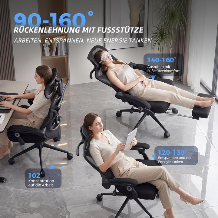 CYKOV Ergonomischer Bürostuhl mit Fussstütze, Büro Stuhl & Gaming Stuhl 150 kg+, 90-160° Verstellbar