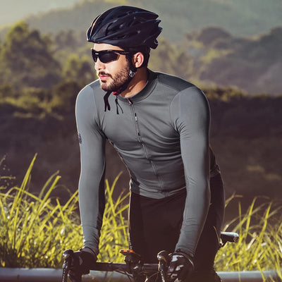 Fahrradtrikot Herren Langarm Radtrikot Winter Fahrradshirt Herren Atmungsaktiv mit Taschen, Grau