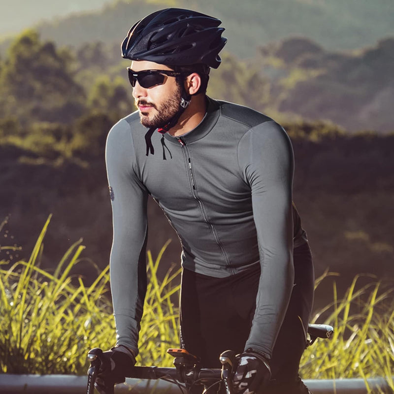 Fahrradtrikot Herren Langarm Radtrikot Winter Fahrradshirt Herren Atmungsaktiv mit Taschen, Grau