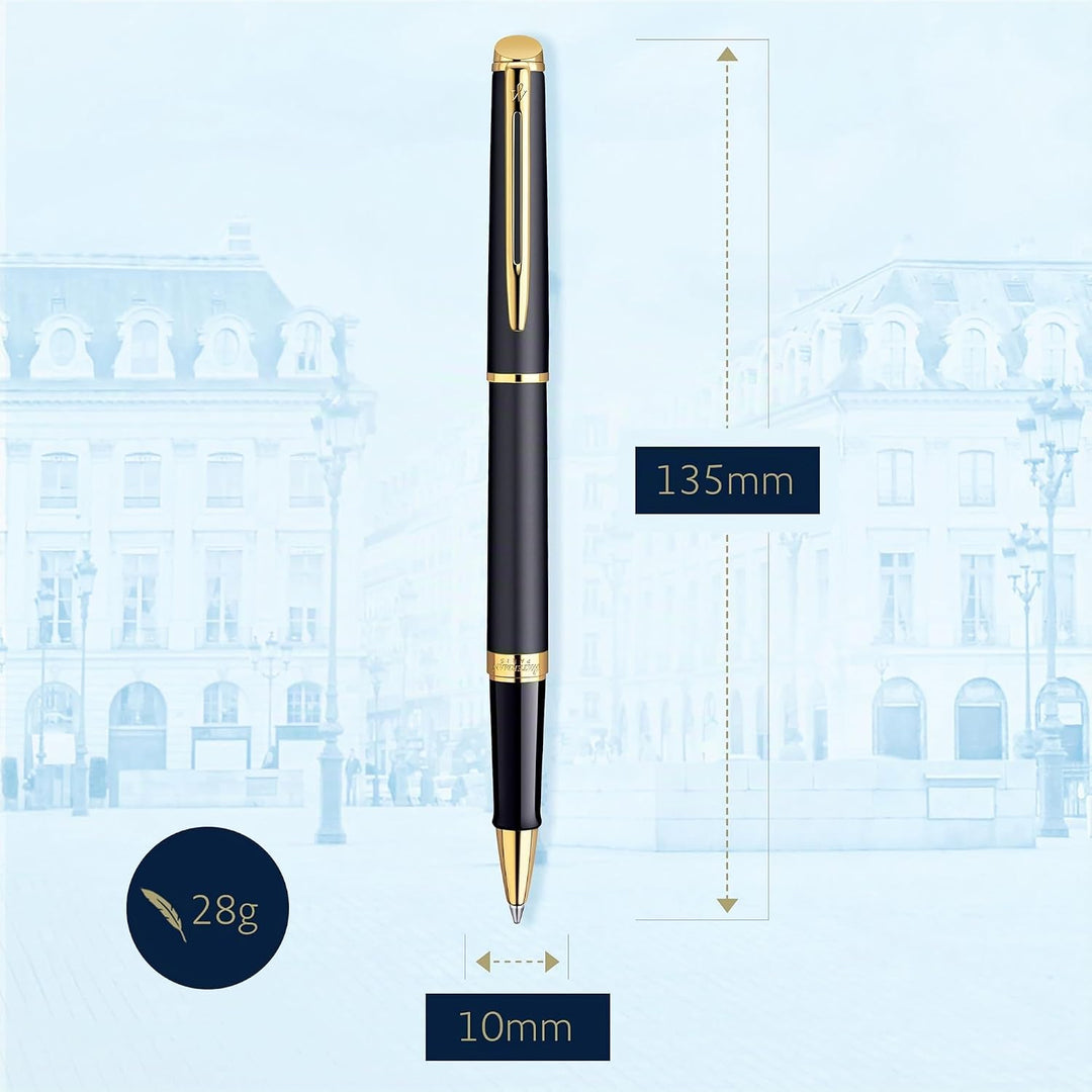 Waterman Hémisphère Tintenroller | Mattschwarz mit Goldzierteile | feine Spitze | Schwarze Tinte | G