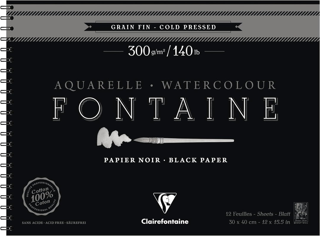 Clairefontaine 975312C - Malblock Fontaine mit Spiralbindung mit 12 Blatt, feine Körnung 300g 30x40c
