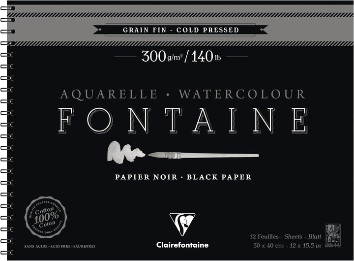 Clairefontaine 975312C - Malblock Fontaine mit Spiralbindung mit 12 Blatt, feine Körnung 300g 30x40c