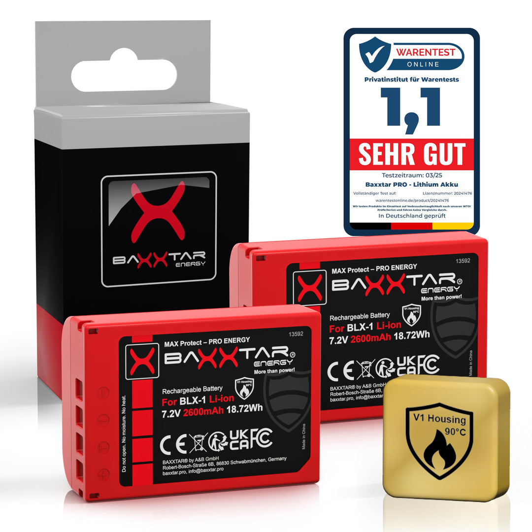 Baxxtar MaxProtect BLX-1 Akku (2X 2400mAh) mit NTC-Sensor und V1 Gehäuse - für OM-1 2x BLX-1 MaxProt