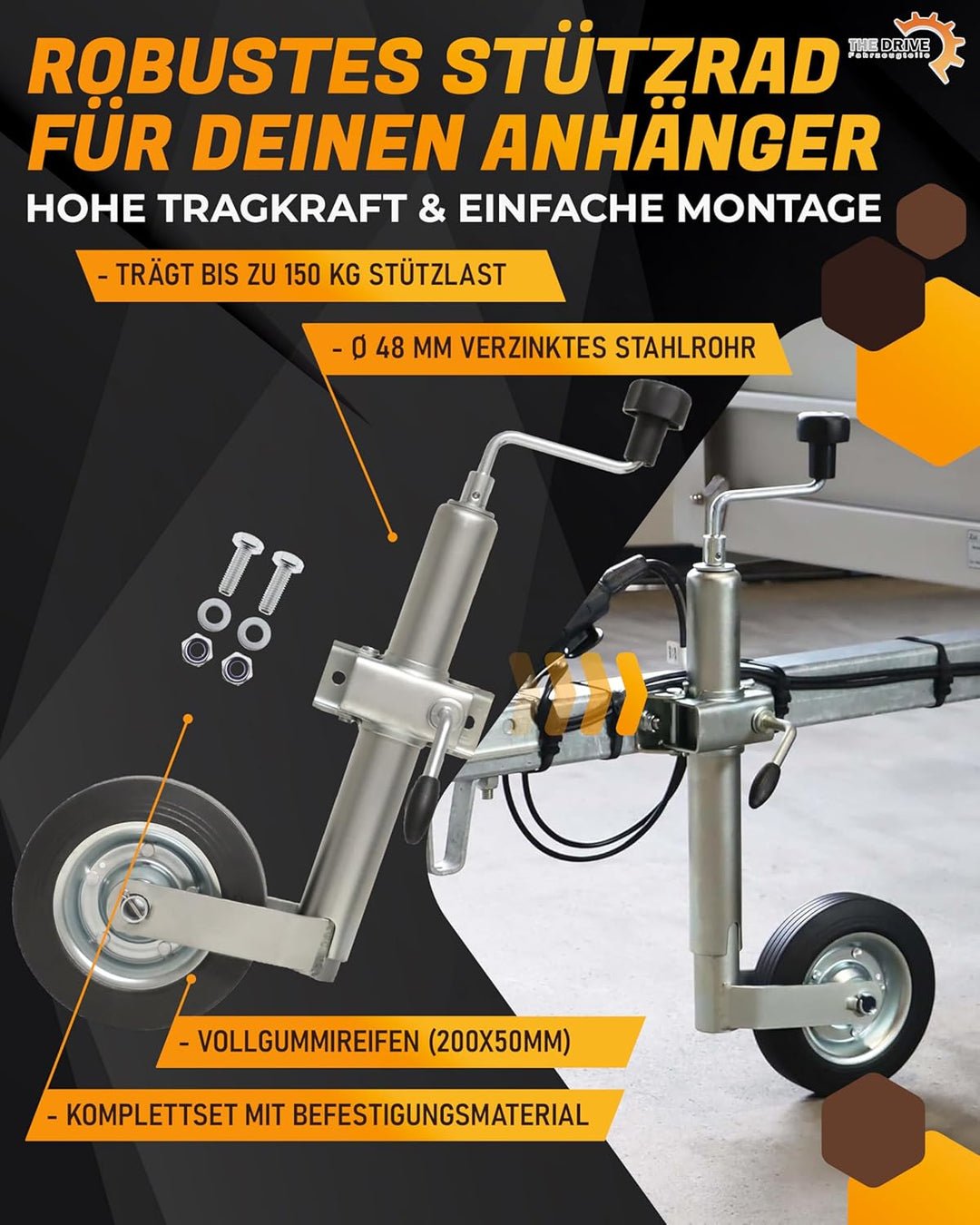 The Drive | Stützrad 150kg | für PKW Anhänger | Ø 48mm mit Klemmhalter | inkl. Anbausatz