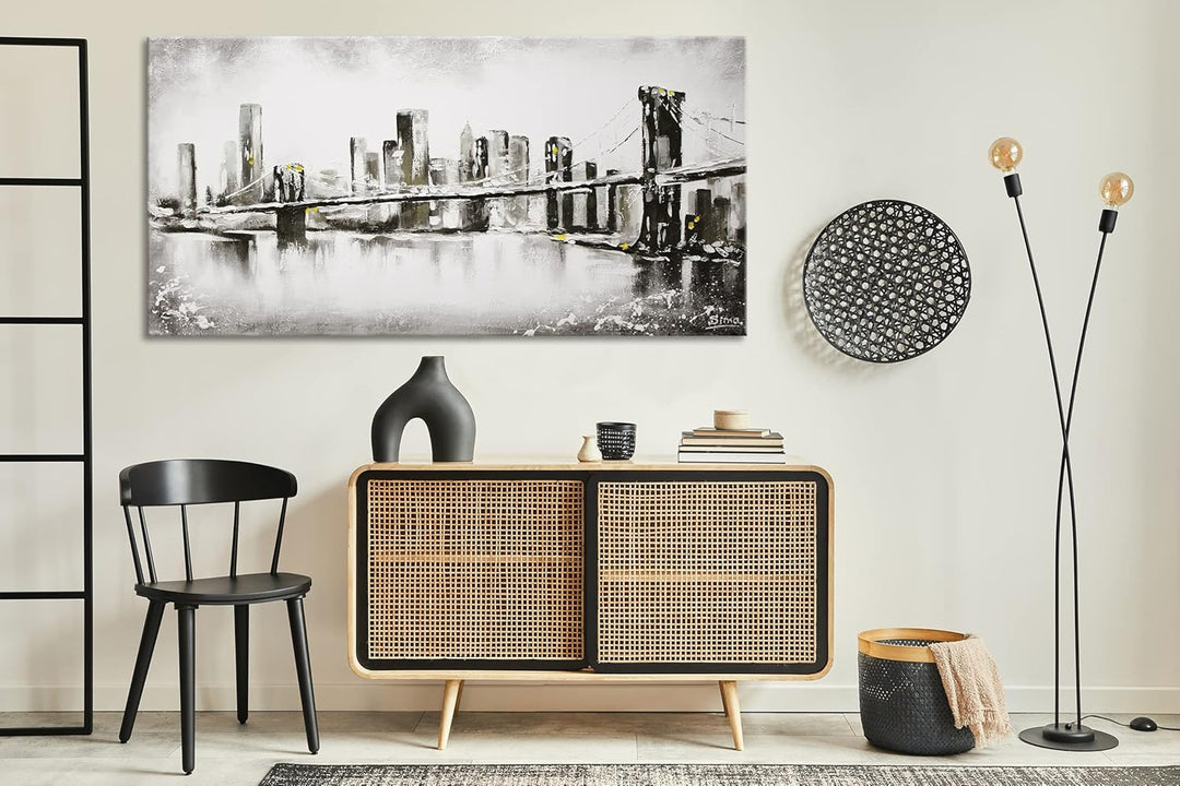 YS-Art Abstrakt Acryl Gemälde auf Leinwand Grossstadt handgemalt Wandbilder Wohnzimmer modern Wohnde