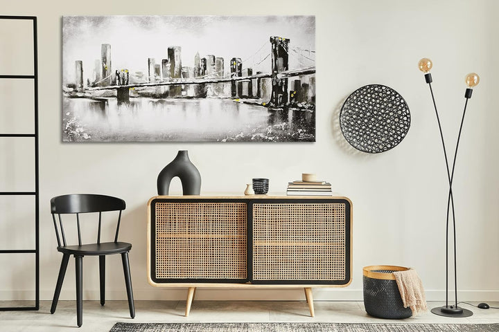 YS-Art Abstrakt Acryl Gemälde auf Leinwand Grossstadt handgemalt Wandbilder Wohnzimmer modern Wohnde
