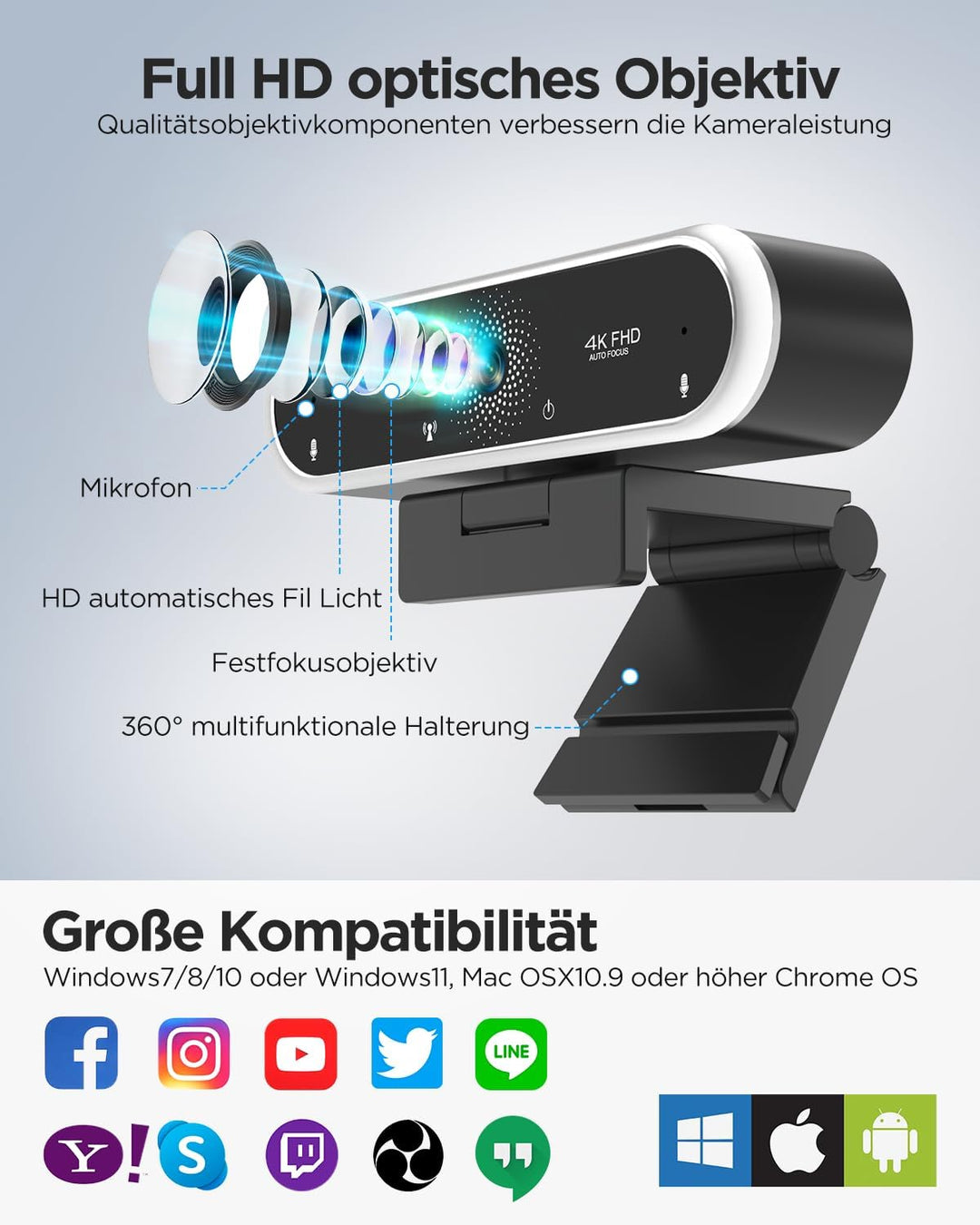 NIVEOLI Webcam 4K mit Mikrofon und Webcam Abdeckung, Stativ, Desktop, für Live-Streaming, Videoanruf