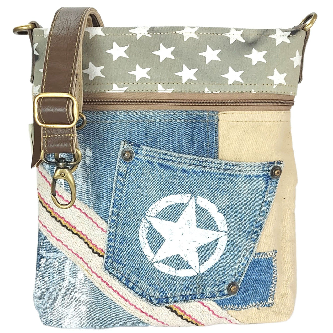 Sunsa Damen Umhängetasche. Nachhaltig Tasche aus recycelte Jeans &amp; Canvas. Vintage Stil mit Stern De