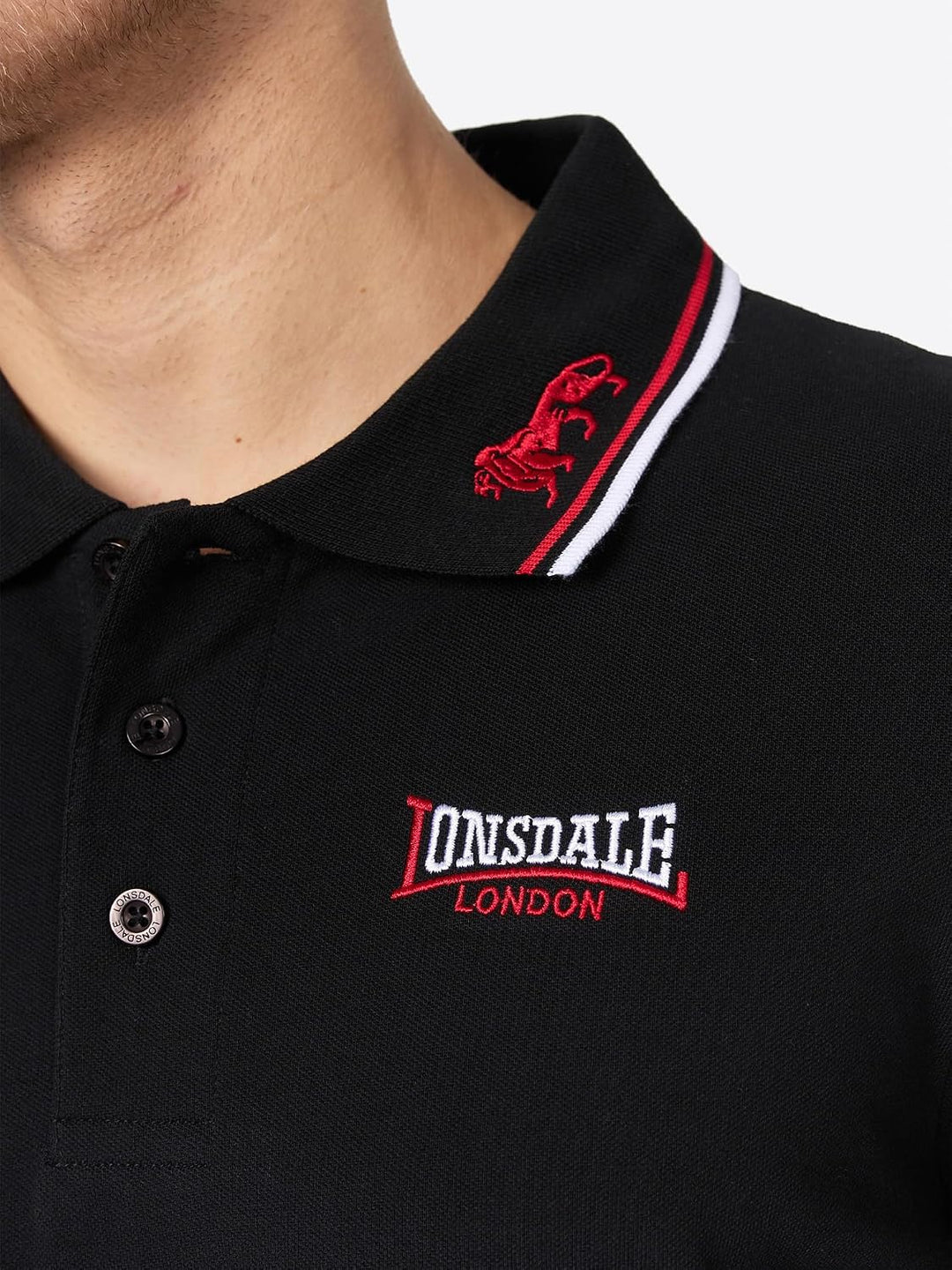 Lonsdale Herren kurzarm Polohemd Lion S Black / Dark Red / White, S Black / Dark Red / White