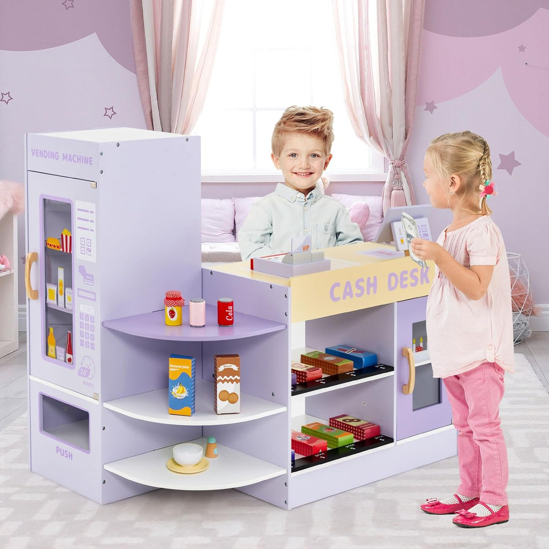 GOPLUS Kinder Kaufladen, Supermarkt aus Holz, Kaufmannsladen mit mit Kasse, POS-Automat & Verkaufsau