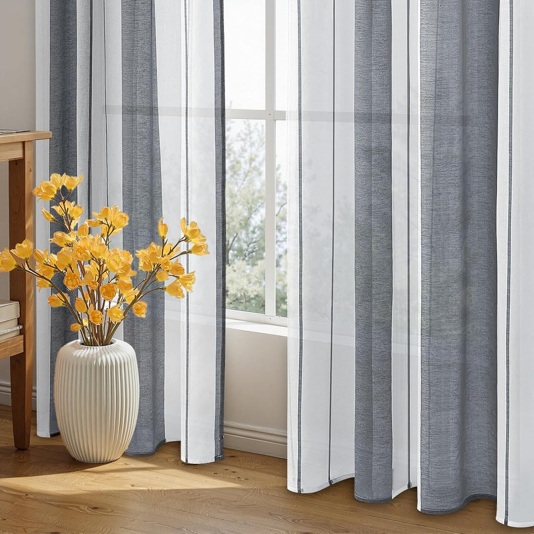 MRTREES Vorhang Halbtransparent Grau und Weiss Streifen Gardinen Mit Kräuselband Vorhänge 137x140 cm
