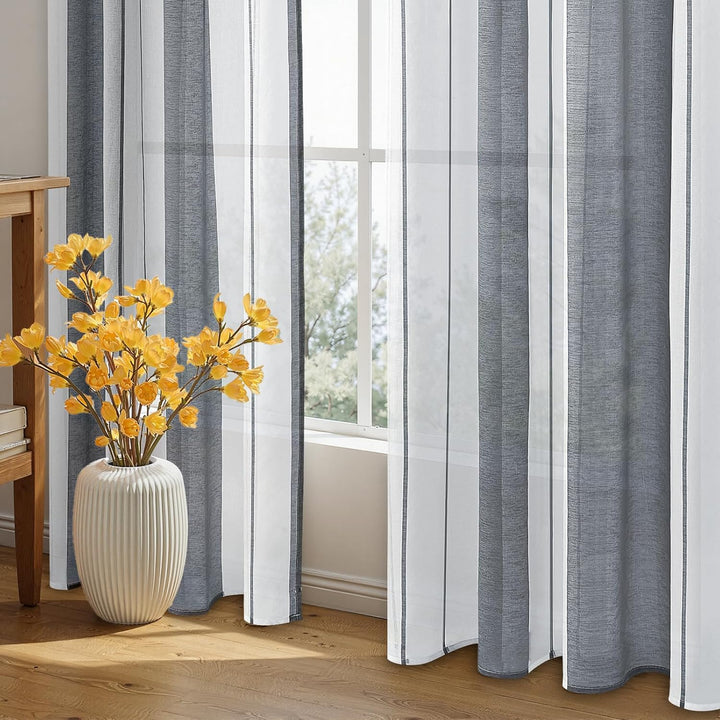 MRTREES Vorhang Halbtransparent Grau und Weiss Streifen Gardinen Mit Kräuselband Vorhänge 137x140 cm