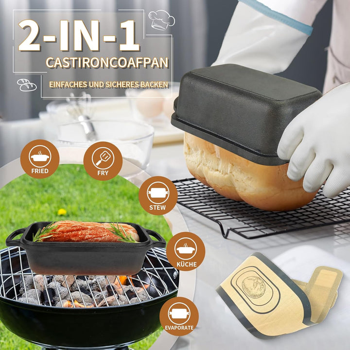 Illidan Gusseisen Brotbackform mit Deckel, Gusseisen Topf Brot Backen,Ideal als Brotform, Brottopf,