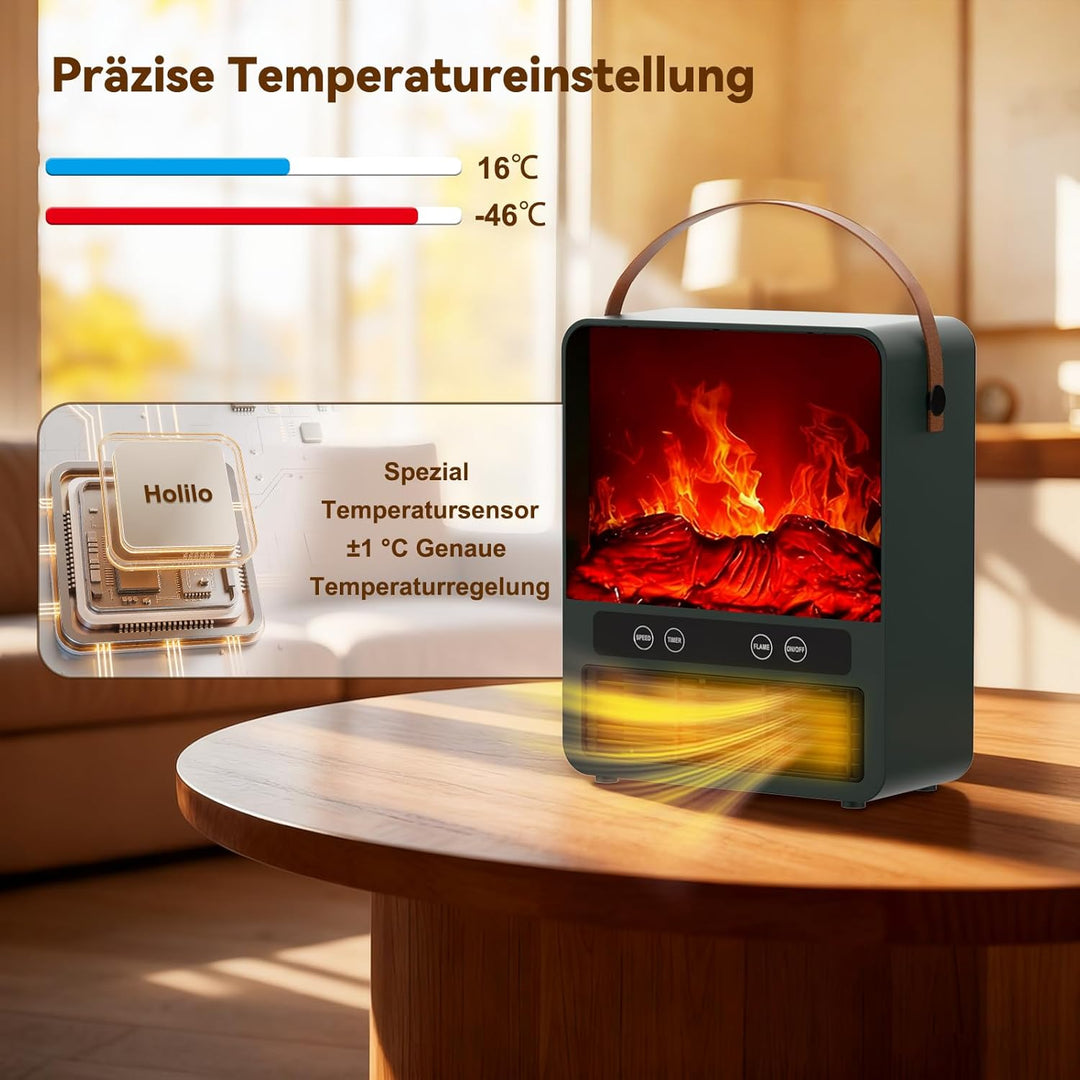Keramik Heizlüfter Energiesparend, Kamin-Optik – 3D-Flammeneffekt, 1500W Heizung Elektrisch, 3 Stufe