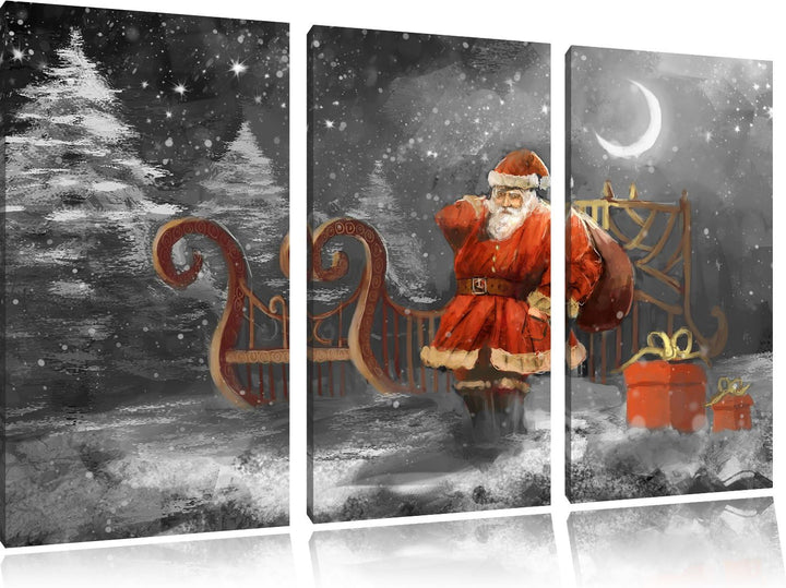 Pixxprint der erschöpfte Weihnachtsmann mit Geschenken B&W Detail 3-Teiler Leinwandbild 120x80 Bild