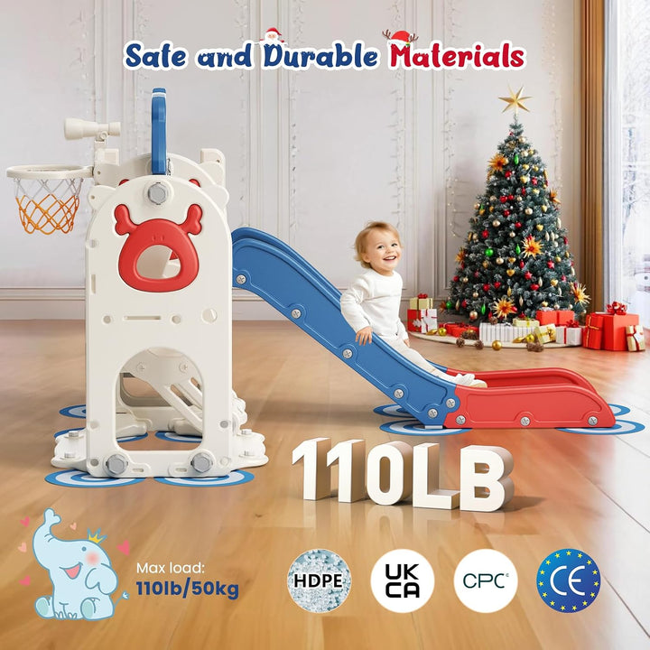 Krovtoy 6-in-1-Kleinkindrutsche, Kleinkindrutsche mit Weihnachtselchmotiv und Schaukelset, Babyrutsc