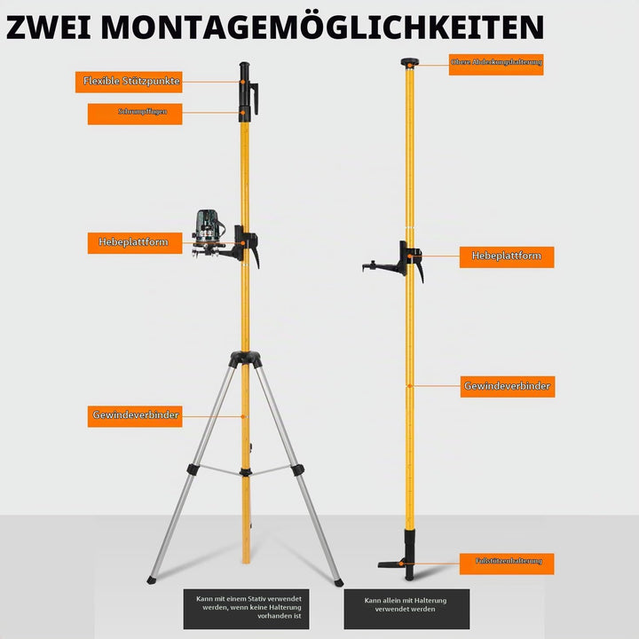 Laser Teleskopstange 3m/10ft, Laser-Stativ mit Höhenverstellung, Lasermontagestange-360°Drehung, Bau