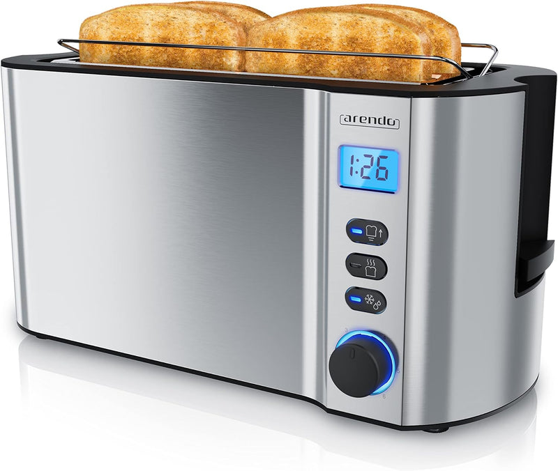 Arendo - Toaster Edelstahl Langschlitz 4 Scheiben - Doppelwandgehäuse - Integrierter Brötchenhalter