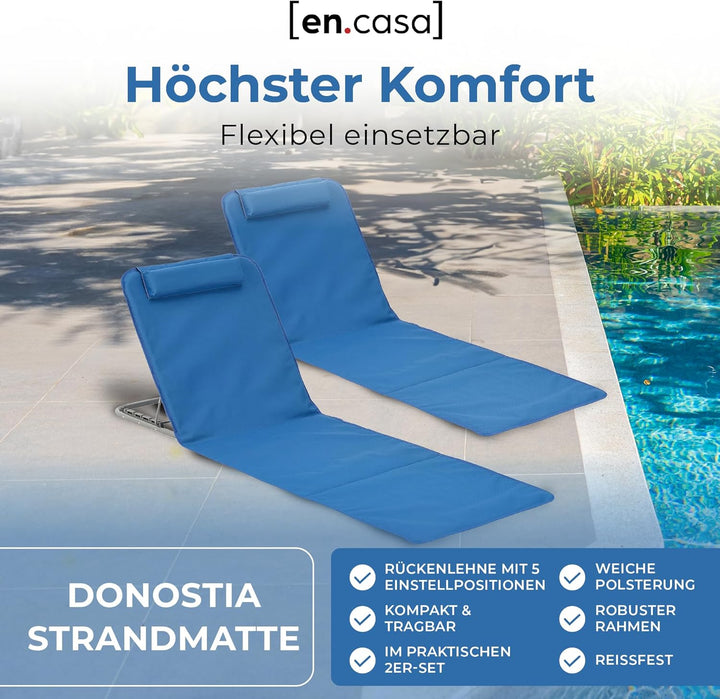 [en.casa] Strandmatte Donostia 2er Set Sonnenmatte klappbar Blau Strandliege mit Verstellbarer Rücke