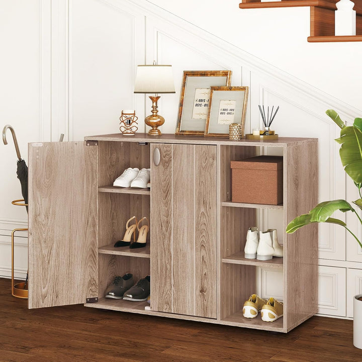 COSTWAY Schuhschrank, Schuhregal mit 2 Türen, verstellbaren offenen Regalen, Schuhkommode, Schuhaufb