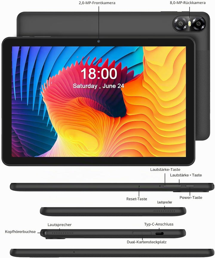 PRITOM 10-Zoll-Tablet mit Tastatur und Stift, 16 GB, 64 GB ROM, Android 15, 1024 GB erweiterbar, Qua