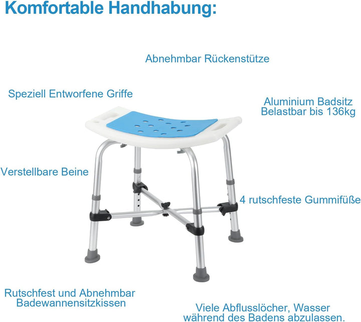 Duschhocker Höhenverstellbar Duschstuhl 40-53cm rutschfest Badhocker Komfort Duschsit mit Doppelt Ve