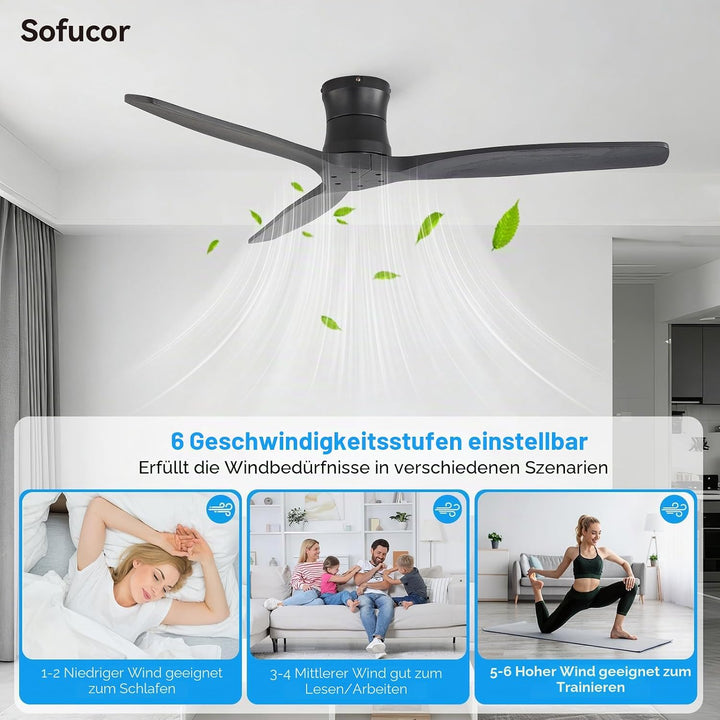 Sofucor 132cm Deckenventilator mit Fernbedienung, Massivholz Deckenventilator ohne Licht, Leise DC M