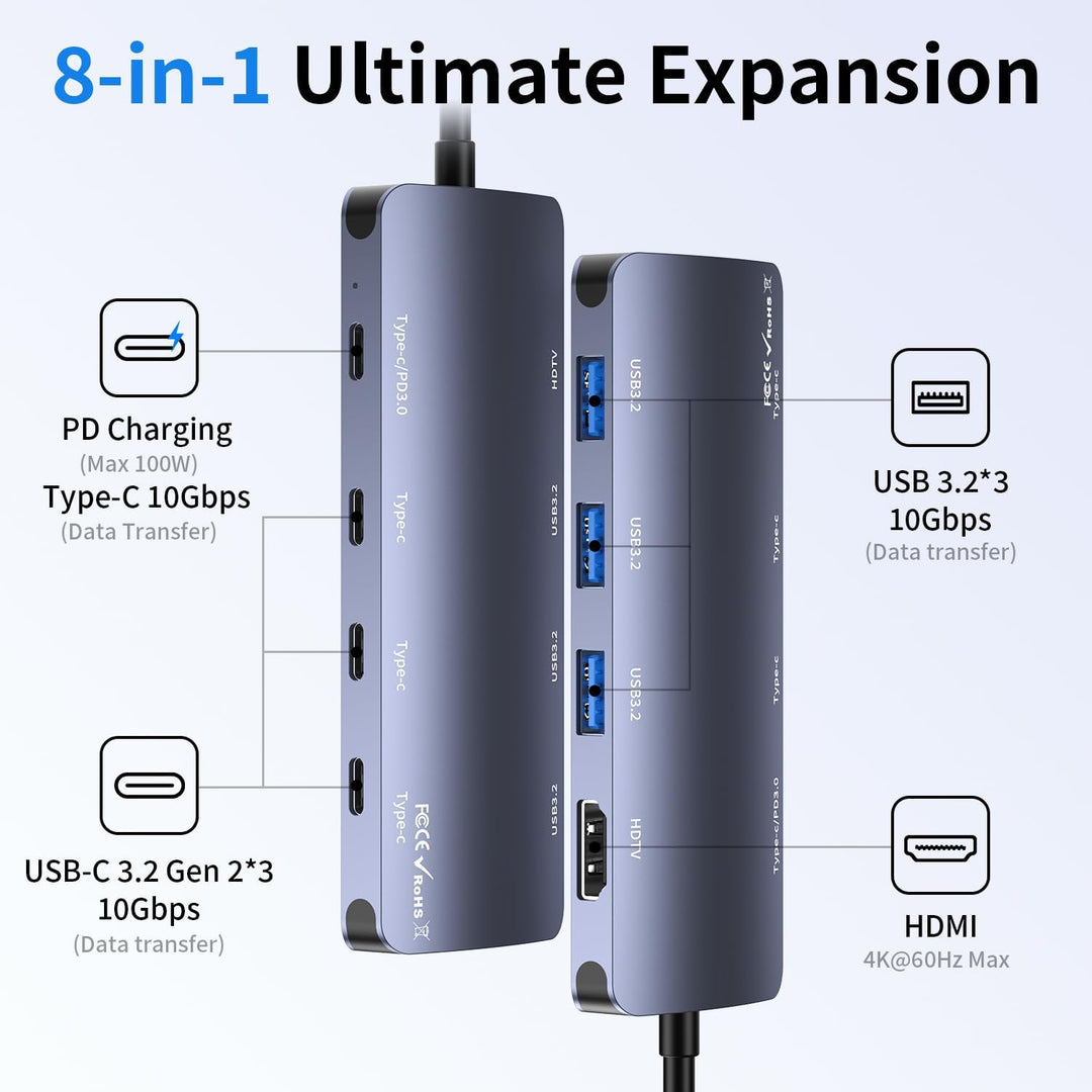8-in-1 USB-C Hub mit HDMI 4K@60H, 4 USB-C+3 USB-A 3.2 10 Gbit/s,100W PD